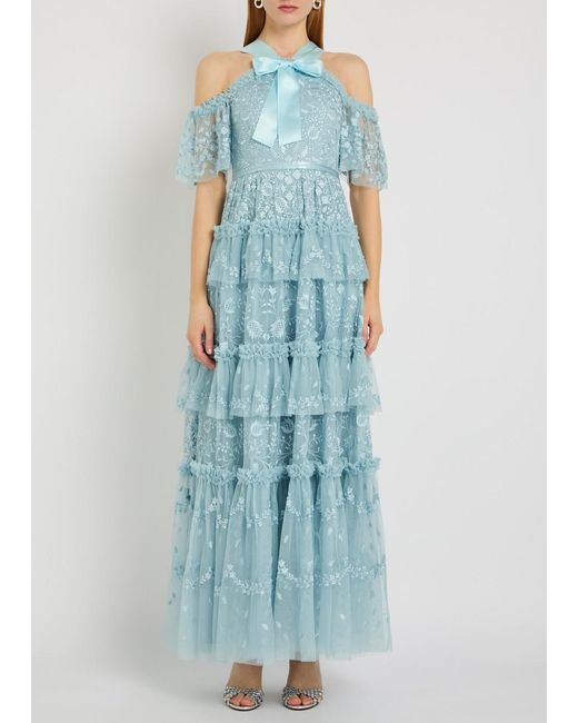 Needle & Thread Blue Primrose Floral-Embroidered Tulle Gown