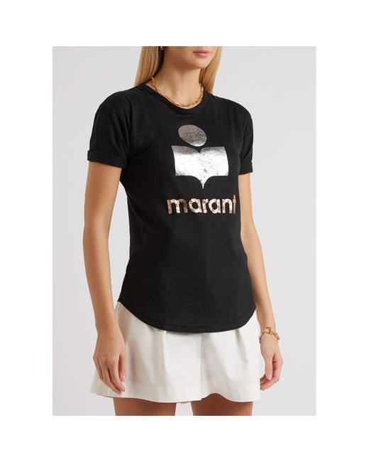 Isabel Marant Black Koldi Logo-Print Linen T-Shirt
