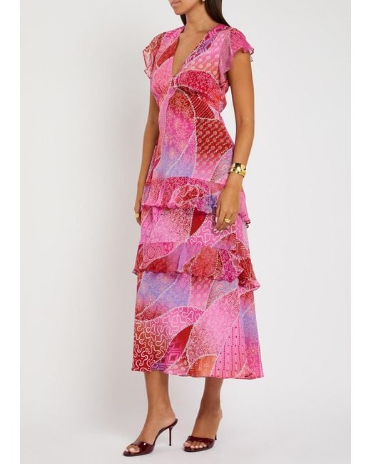 Rixo Pink Meena Patterned Silk-Chiffon Midi Dress