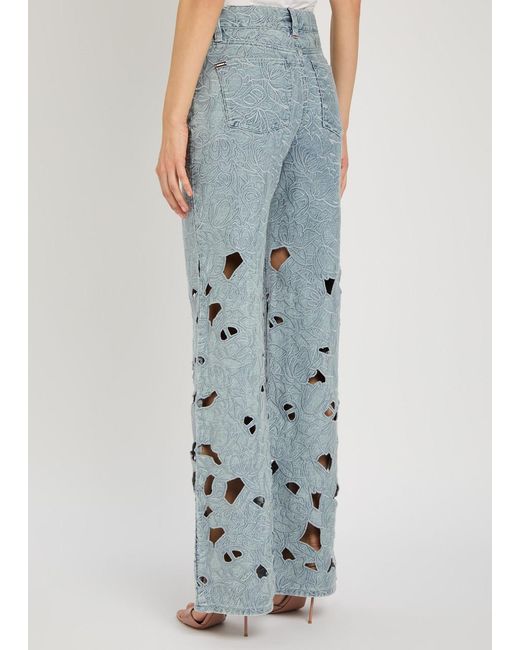 Alice + Olivia Blue Chic Embroidered Cut-Out Wide-Leg Jeans