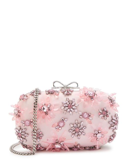 Self-Portrait Pink Floral-Embellished Satin Box Clutch