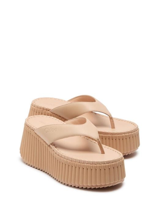 Chloé Natural Nama 80 Thong Leather Wedge Sandals