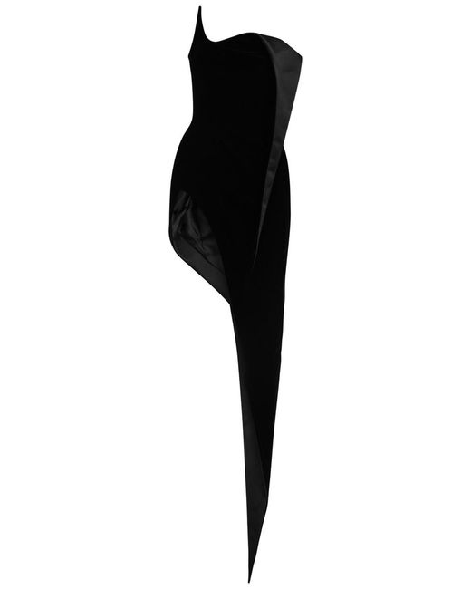 Mugler Black Asymmetric One-Shoulder Velvet Mini Dress