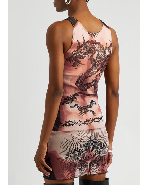 Jean Paul Gaultier Multicolor Safe Sex Tattoo Printed Tulle Mini Dress