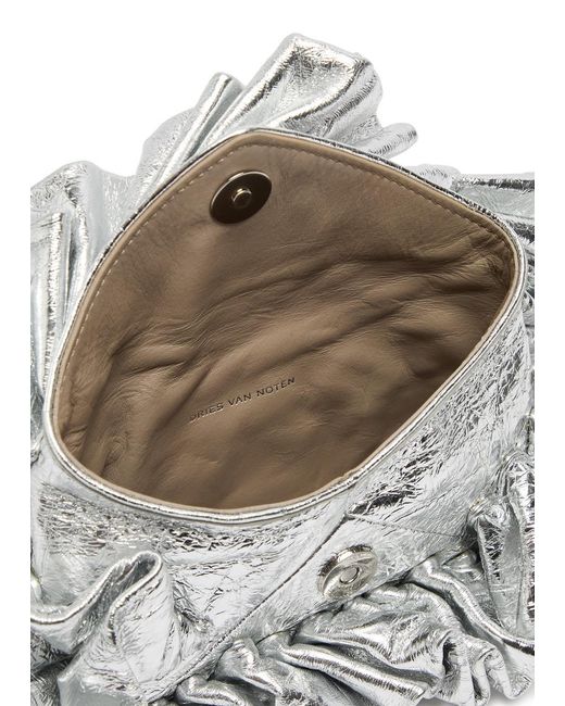 Dries Van Noten Gray Ruffled Crinkled Metallic Leather Clutch