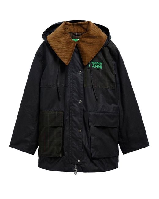 BARBOUR X GANNI Black Hooded Waxed Cotton Jacket