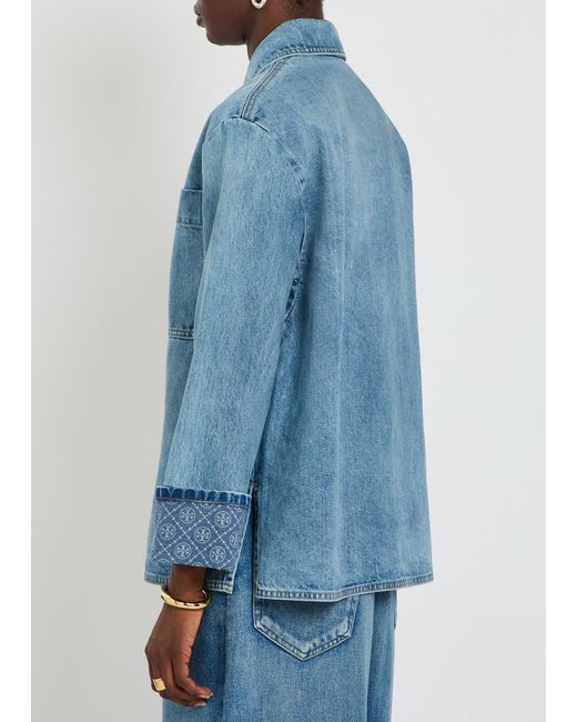 Tory Burch Blue Logo Washed Denim Barn Jacket