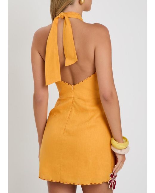 Cala De La Cruz Orange Veneta Floral-Appliquéd Linen Mini Dress
