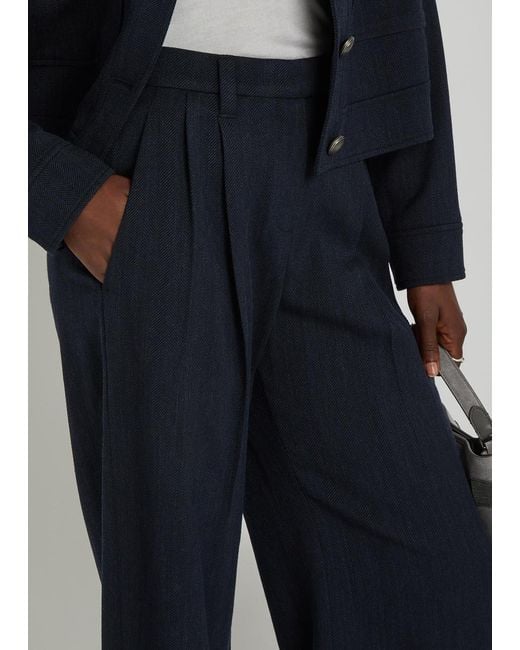 Brunello Cucinelli Blue Herringbone Straight-Leg Stretch-Wool Trousers
