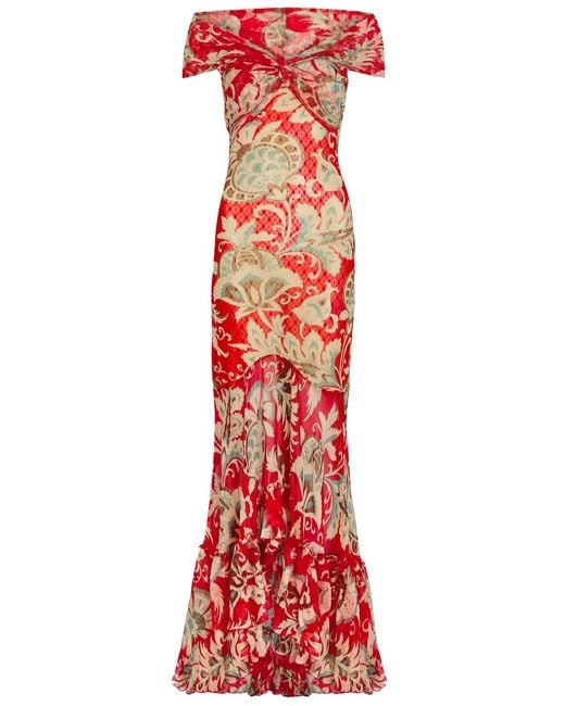 Etro Red Floral Print Lace Maxi Dress