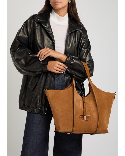 Tod's Brown T-Plaque Suede Tote