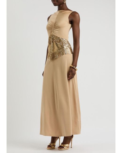 Rabanne Natural Chainmail-Embellished Stretch-Jersey Maxi Dress
