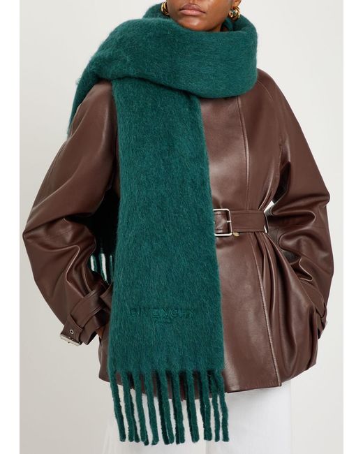 Givenchy Green Logo-Embroidered Fringed Alpaca-Blend Scarf