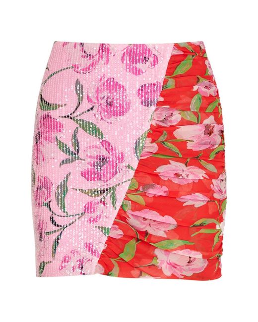ROTATE SUNDAY Red Rotate Birger Christensen Floral-Print Stretch-Tulle Mini Skirt