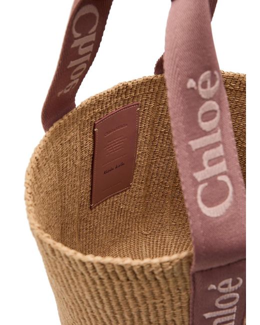 Chloé Brown Woody Large Logo-Embroidered Raffia Basket Bag