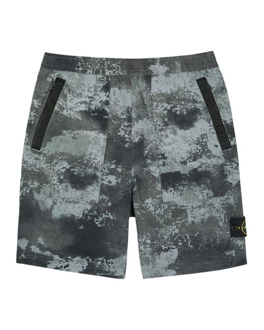 Stone Island Gray Camouflage-Print Logo Nylon Shorts for men