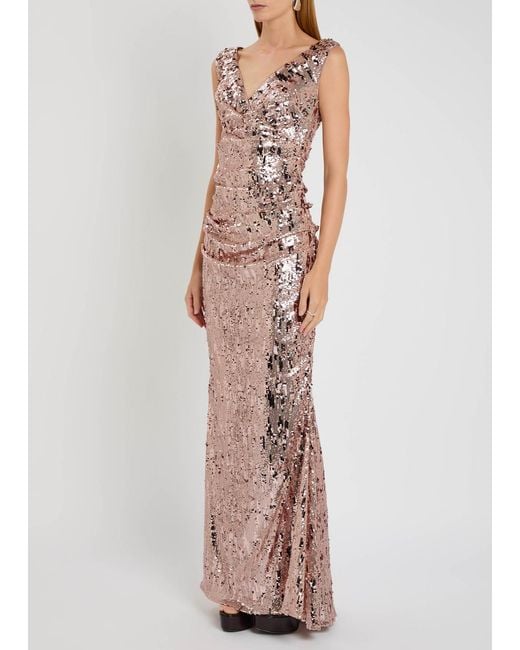 Talbot Runhof Pink Draped Sequin-Embellished Gown