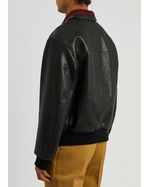 Gucci Black Stripe-trimmed Leather Bomber Jacket for men