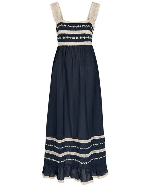 Rixo Blue Malie Lace-Trim Cotton-Blend Midi Dress