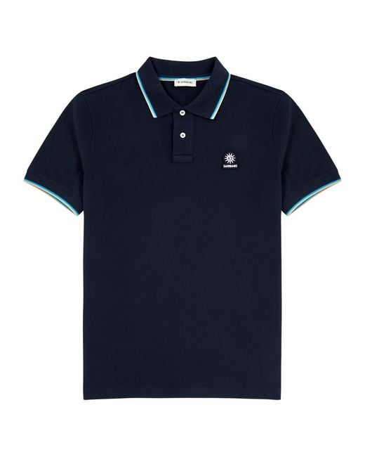 Sandbanks Blue Stripe-Trimmed Logo Piqué Cotton Polo Shirt for men