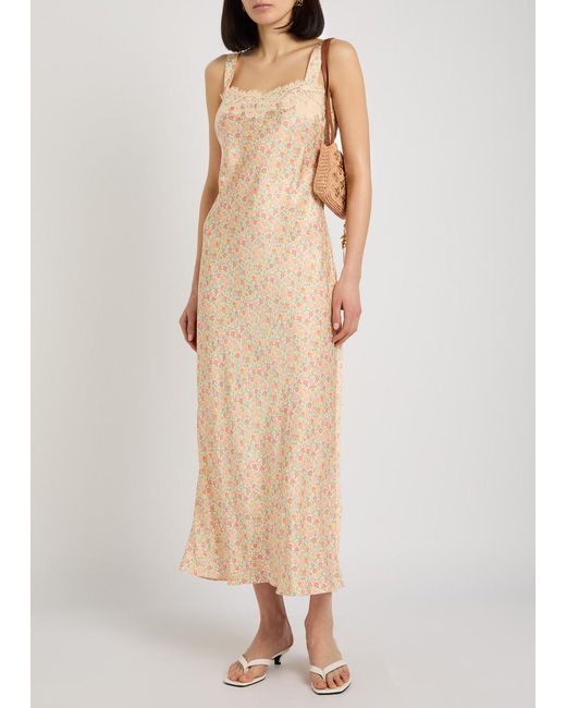 Rixo Natural Rosamarie Floral-Print Satin Midi Dress