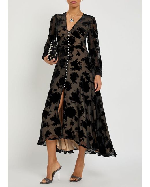 Rixo Black Avalyn Velvet-Devoré Chiffon Midi Dress