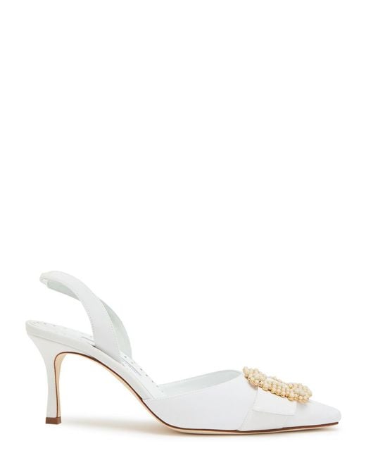 Manolo Blahnik White Gibsli 70 Embellished Crepe Slingback Pumps