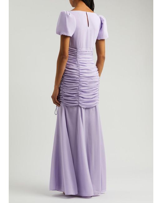 De La Vali Purple Amandine Ruched Chiffon Maxi Dress