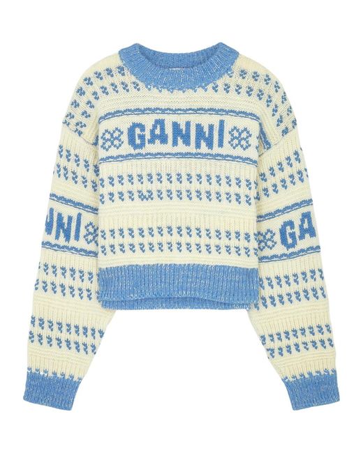 Ganni Blue Logo-Intarsia Wool Jumper