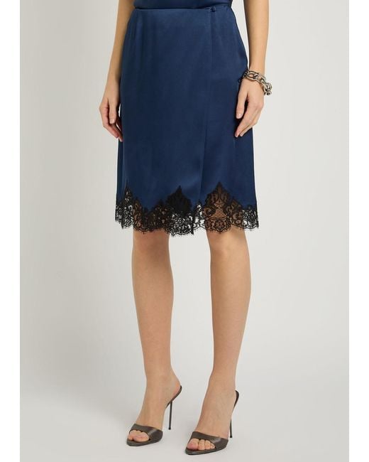 Stella McCartney Blue Iconic Lace-Trimmed Satin Knee-Length Wrap Skirt