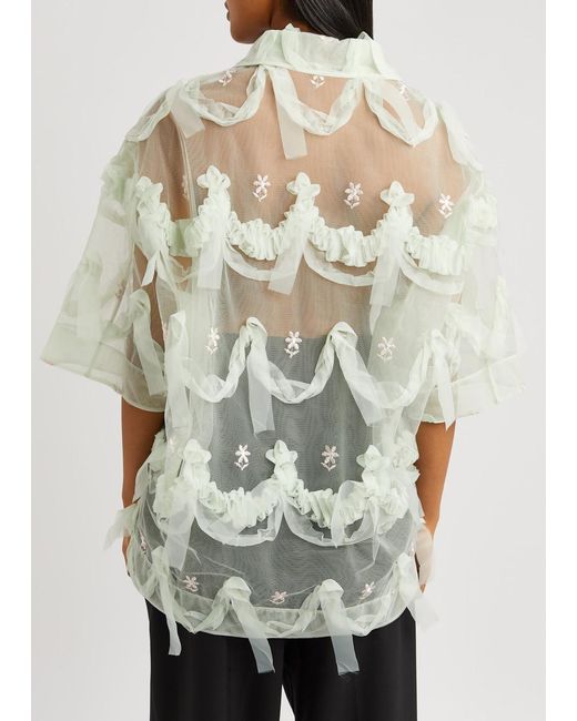 Simone Rocha Green Floral-Embroidered Ruffled Tulle Shirt