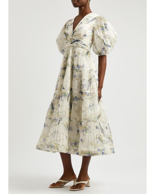 Zimmermann White Printed Plissé Chiffon Midi Dress