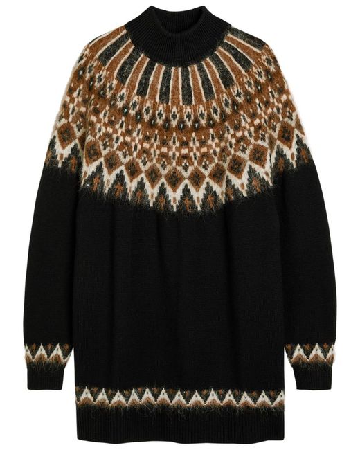 Staud Black Liza Patterned Wool-Blend Jumper Dress