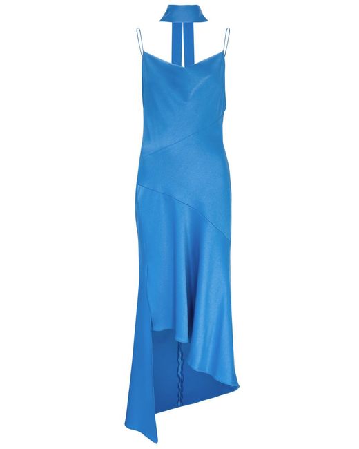 Alice + Olivia Blue Harmony Asymmetric Satin Midi Dress