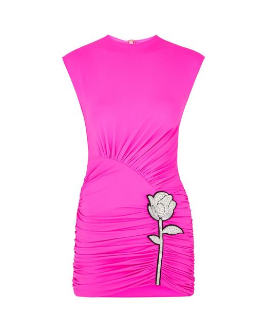 David Koma Pink Rose-Embellished Stretch-Jersey Mini Dress