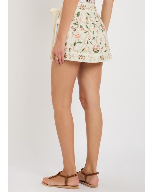 Agua Bendita Natural Luna Floral-Print Linen Mini Wrap Skirt