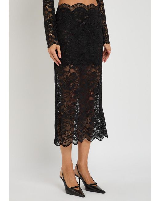 Rabanne Black Floral Stretch-Guipure Lace Midi Skirt