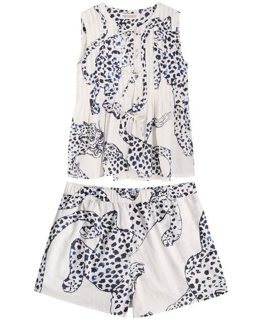 Desmond & Dempsey White Jag Printed Cotton Pyjama Set