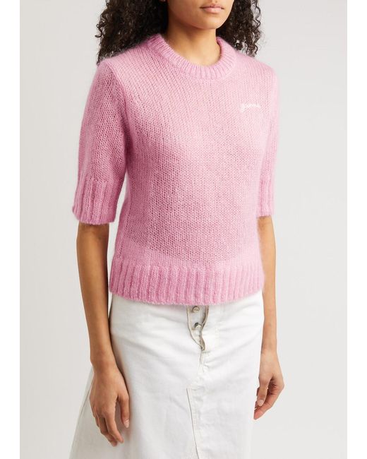 Ganni Pink Logo-Embroidered Mohair-Blend Top