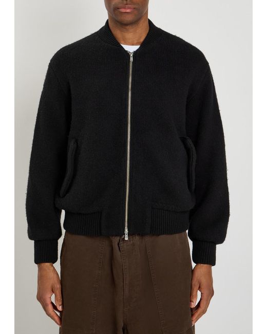 vowels Black Fine-Knit Wool Bomber Jacket for men