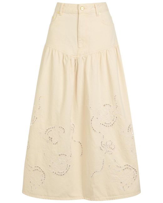 Ganni Natural Embroidered Denim Midi Skirt