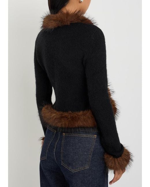 Self-Portrait Black Faux Fur-Trim Knit Cardigan