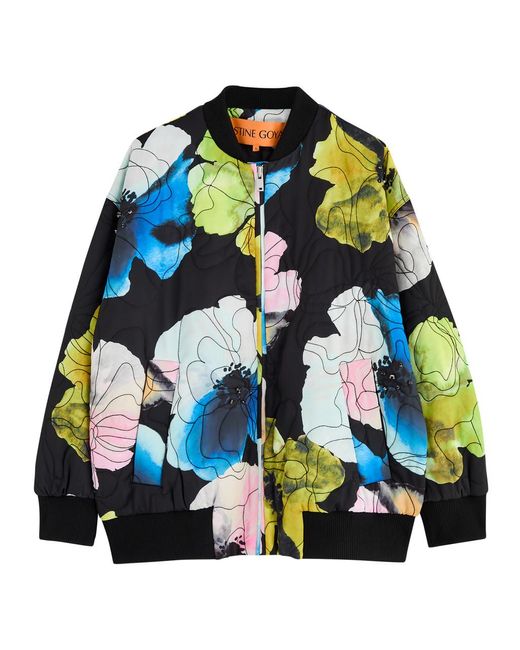 Stine Goya Blue Floral-Print Embroidered Satin Bomber Jacket