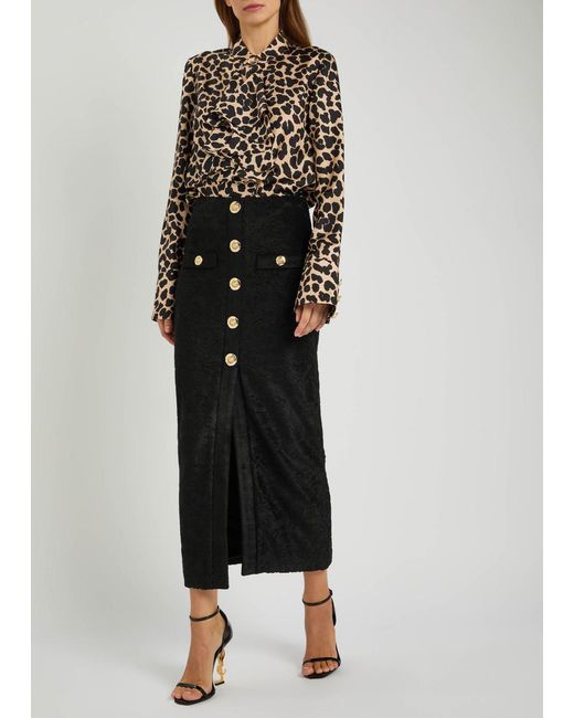 Balmain Black Leopard-Print Silk Blouse