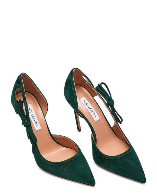 Aquazzura Green Soave 105 Bow-Detailed Cutout Suede Pumps