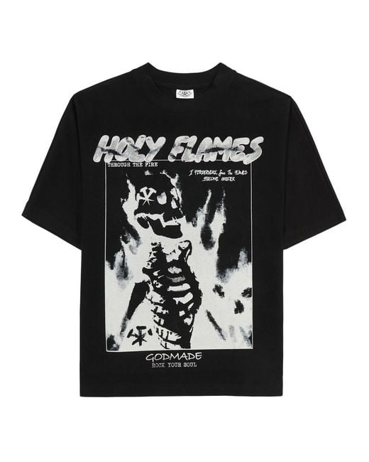 God Made Black Holy Flames Printed Cotton T-Shirt for men