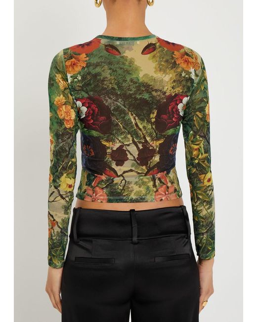 Alice + Olivia Green Delaina Floral-Print Mesh Top