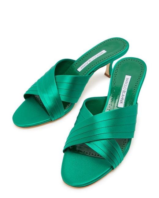 Manolo Blahnik Green Vieramul 50 Cross-Over Satin Mules