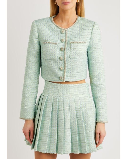 Self-Portrait Green Embellished Cropped Bouclé Tweed Jacket