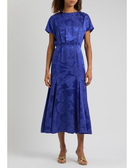 Never Fully Dressed Blue Erin Satin-Jacquard Midi Dress